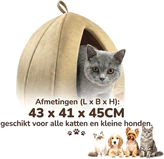 Kattenmand - 2-in-1 Kattenbed - Kattenhuis - Poezenmand - Dierenmand - 48*45*45cm - Opvouwbare Huisdier Tent - Open Sofa - Zacht Pluche Slaapplek - Uitneembaar Binnenkussen - Wasbaar & Anti-slip - Geschikt voor kleine honden en alle katten - Khaki