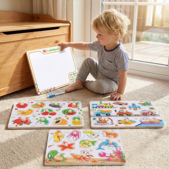 Educatieve Houten Knoppenpuzzel - Groente - 2-in-1 Vormenpuzzel & Whiteboard inclusief Stift - Montessori Speelgoed voor Peuters - Blokpuzzel kind - Educatief Spel voor 3 4 5 6 7 Jaar - Ontwikkeling Fijne Motoriek