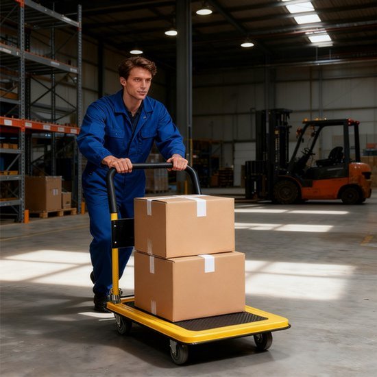 Plateauwagen 300kg - Opvouwbaar - Steekwagens & Transportwagen - 90x60cm - Heavy Duty Platformwagen Staal - Magazijnwagen met Anti-slip & Duwstang - Trolley voor Verhuizing, Garage, Bagage & Pakketten - Handwagen met 12cm Wielen
