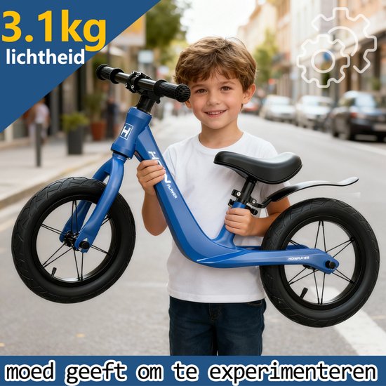 Loopfiets 12 inch met rubberen luchtbanden - Kinderfiets - Lichtgewicht magnesiumframe (0,65 kg) - Inclusief fietspomp - Verstelbaar zadel (31-45 cm) - Totaalgewicht 3,1 kg - Antislip handvatten - Stalen spaken - Voor kinderen vanaf 2 jaar - Blauw