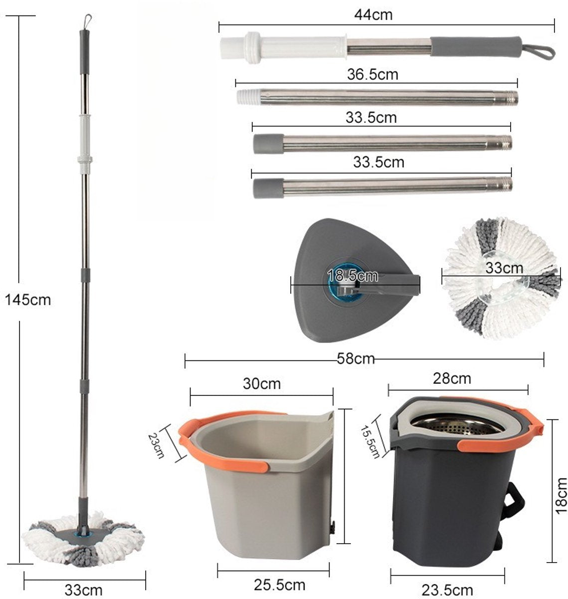 Roterend Mopsysteem met Voetpedaal - Dweil - Mopset - Schoon & Vuil Water Scheiding - Dweilset met Emmer & 2 Microvezel Doeken - 180° Inklapbare Vloerwisser - RVS Steel - Voor Alle Vloeren - Turbo Wringmechanisme - Ideaal tegen Huisdierharen & Stof