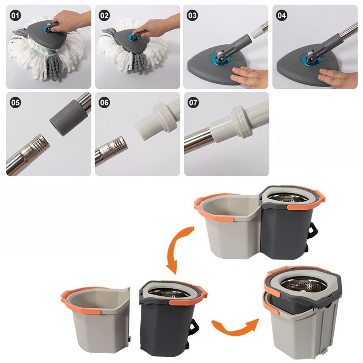 Roterend Mopsysteem met Voetpedaal - Dweil - Mopset - Schoon & Vuil Water Scheiding - Dweilset met Emmer & 2 Microvezel Doeken - 180° Inklapbare Vloerwisser - RVS Steel - Voor Alle Vloeren - Turbo Wringmechanisme - Ideaal tegen Huisdierharen & Stof