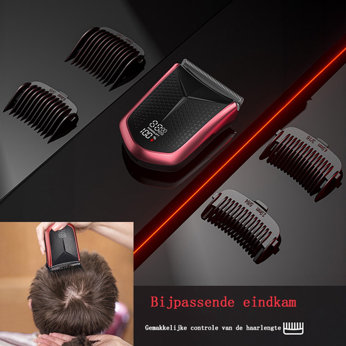 Tondeuse-All-in-One Precisietrimmer, Apparaat voor Gezicht en Hoofd-4 Lengtestanden (2-15 mm)-Waterdicht-Zelfslijpende Mesjes-Draadloos-Batterij Indicatie USB oplaadbare 120 min batterijduur (Rood)