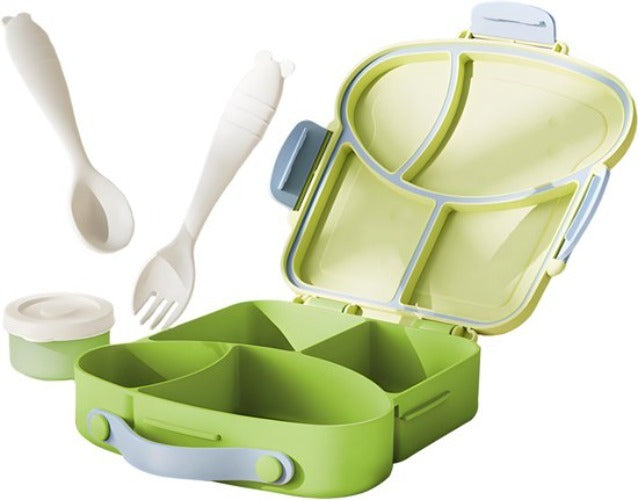 Lunchbox met sausbox ‌en bestek‌ - Lekvrij Bento Box 900ml voor Diepvries, Vaatwasser & Magnetronbestendig - met Silicone Afdichtring - met 4 Vakken Voor volwassenen en kinderen‌ - Groen -20.5×21.5×5cm - 100% Lekvrij, BPA-vrij & Magnetronbestendig