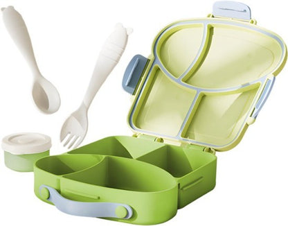 Lunchbox met sausbox ‌en bestek‌ - Lekvrij Bento Box 900ml voor Diepvries, Vaatwasser & Magnetronbestendig - met Silicone Afdichtring - met 4 Vakken Voor volwassenen en kinderen‌ - Groen -20.5×21.5×5cm - 100% Lekvrij, BPA-vrij & Magnetronbestendig