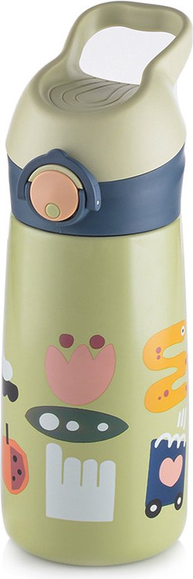 Kinder Thermosfles met Rietje 450ml - 12u Warm & 24u Koud - RVS Drinkfles met Luxe Draagtas - 100% Lekvrij & BPA-vrij - Isoleerfles Schoolbeker - Dubbelwandige Waterfles voor Jongens & Meisjes - Geschikt voor Sport, School & Onderweg - Groen