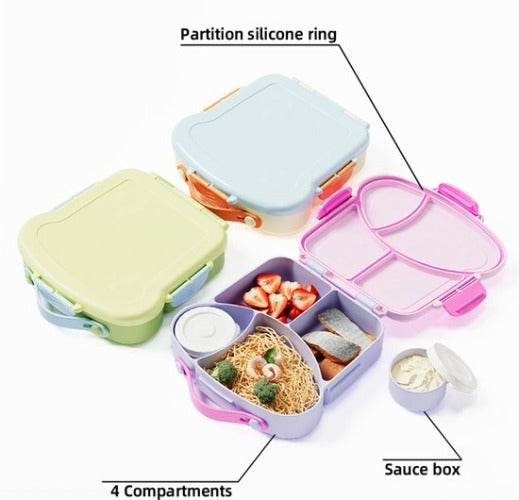 Lunchbox met sausbox ‌en bestek‌ - Lekvrij Bento Box 900ml voor Diepvries, Vaatwasser & Magnetronbestendig - met Silicone Afdichtring - met 4 Vakken Voor volwassenen en kinderen‌ - Groen -20.5×21.5×5cm - 100% Lekvrij, BPA-vrij & Magnetronbestendig