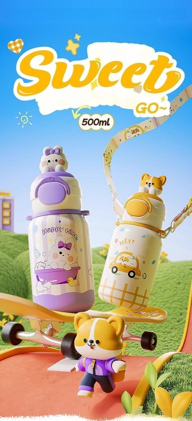 316 RVS Kinder Thermosfles & Kinderdrinkfles met Rietje en Drinktuit - 500ml Lekvrije Schoolbeker voor Meisjes & Jongens - 12u Warm/Koud Isoleerfles - BPA-Vrij & Food Grade - Ideaal Cadeau voor School, Sport & Onderweg - Met koord - kitten