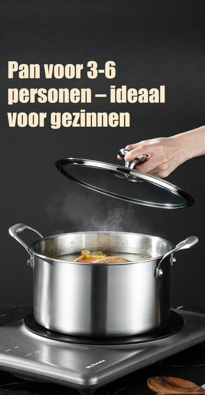 RVS Soeppan met Glazen Deksel - Ø 26 cm - 4.5 Liter - Geschikt voor Inductie & Gas - Hoge Kookpan - Zilver - PFAS-vrij - Grote Roestvrij Stalen Bouillonpan & Stamppotpan - Vaatwasserbestendig