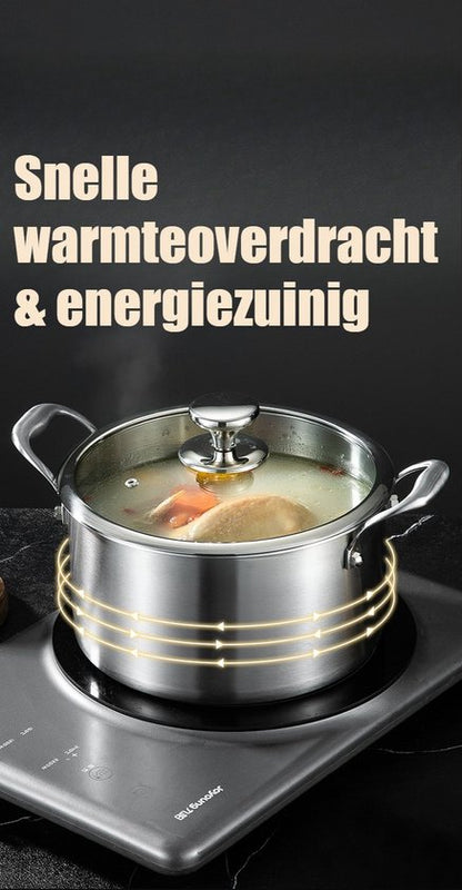 RVS Soeppan met Glazen Deksel - Ø 26 cm - 4.5 Liter - Geschikt voor Inductie & Gas - Hoge Kookpan - Zilver - PFAS-vrij - Grote Roestvrij Stalen Bouillonpan & Stamppotpan - Vaatwasserbestendig