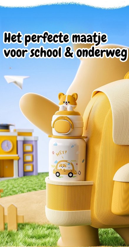 316 RVS Kinder Thermosfles & Kinderdrinkfles met Rietje en Drinktuit - 500ml Lekvrije Schoolbeker voor Meisjes & Jongens - 12u Warm/Koud Isoleerfles - BPA-Vrij & Food Grade - Ideaal Cadeau voor School, Sport & Onderweg - Met koord - konijnen