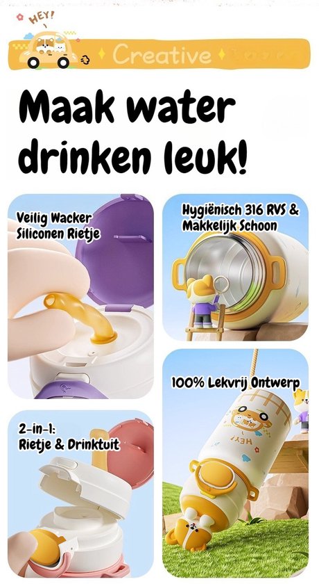 316 RVS Kinder Thermosfles & Kinderdrinkfles met Rietje en Drinktuit - 500ml Lekvrije Schoolbeker voor Meisjes & Jongens - 12u Warm/Koud Isoleerfles - BPA-Vrij & Food Grade - Ideaal Cadeau voor School, Sport & Onderweg - Met koord - kitten