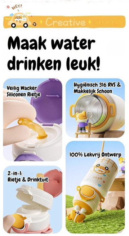 316 RVS Kinder Thermosfles & Kinderdrinkfles met Rietje en Drinktuit - 500ml Lekvrije Schoolbeker voor Meisjes & Jongens - 12u Warm/Koud Isoleerfles - BPA-Vrij & Food Grade - Ideaal Cadeau voor School, Sport & Onderweg - Met koord - Corgi Hond