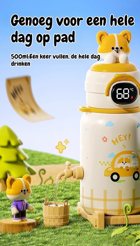 316 RVS Kinder Thermosfles & Kinderdrinkfles met Rietje en Drinktuit - 500ml Lekvrije Schoolbeker voor Meisjes & Jongens - 12u Warm/Koud Isoleerfles - BPA-Vrij & Food Grade - Ideaal Cadeau voor School, Sport & Onderweg - Met koord - konijnen