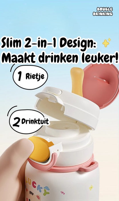 316 RVS Kinder Thermosfles & Kinderdrinkfles met Rietje en Drinktuit - 500ml Lekvrije Schoolbeker voor Meisjes & Jongens - 12u Warm/Koud Isoleerfles - BPA-Vrij & Food Grade - Ideaal Cadeau voor School, Sport & Onderweg - Met koord - kitten