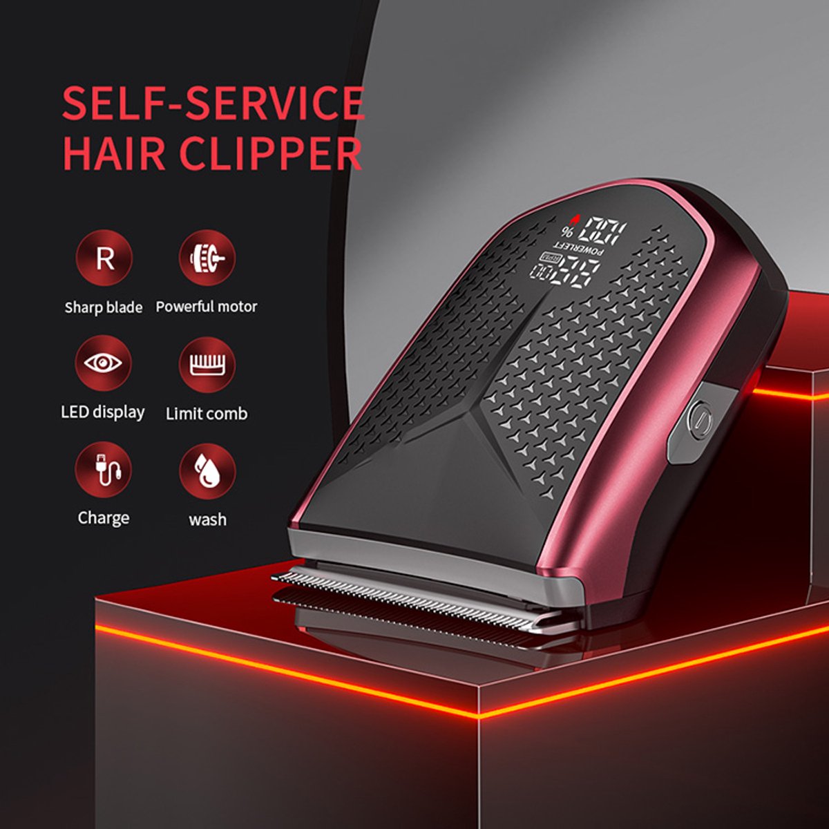 Tondeuse-All-in-One Precisietrimmer, Apparaat voor Gezicht en Hoofd-4 Lengtestanden (2-15 mm)-Waterdicht-Zelfslijpende Mesjes-Draadloos-Batterij Indicatie USB oplaadbare 120 min batterijduur (Rood)