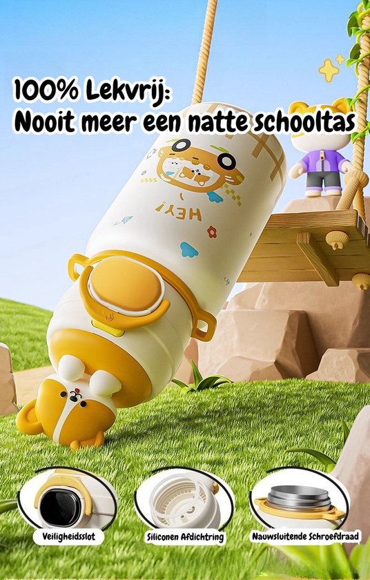 316 RVS Kinder Thermosfles & Kinderdrinkfles met Rietje en Drinktuit - 500ml Lekvrije Schoolbeker voor Meisjes & Jongens - 12u Warm/Koud Isoleerfles - BPA-Vrij & Food Grade - Ideaal Cadeau voor School, Sport & Onderweg - Met koord - konijnen
