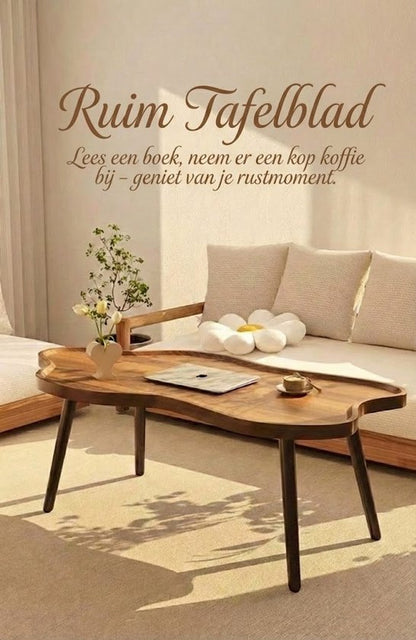 Japandi salontafel- Organische Salontafel (120x60) - Walnoot look - Wolkvorm Koffietafel in Notenhout Kleur - Salontafel zonder scherpe hoeken - Salontafel met dienbladblad - Wabi- Japandi Woonkamer Tafel met Opstaande Rand - Modern & Uniek Design