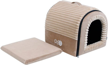 Hondenmand & Kattenhuis - 43*39*37CM - Luxe Huisdierbed - Opvouwbaar tot Sofa- Met Uitneembaar Kussen&Handvat - Wasbaar & Anti-slip - voor Middelgrote & Kleine Honden - Geschikt voor Alle Kittens - Indoor Iglo Slaapplek - Winter Warme Slaapzak -Beige