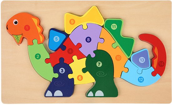 Houten Blokpuzzel-Montessori Speelgoed-3D puzzel-Kinderen-3 Jaar-Gift-Cadeau-14stuks-Stegosaurus, Educatief Spel voor 3 4 5 6 7 Jaar, Cadeau voor Jongens en Meisjes