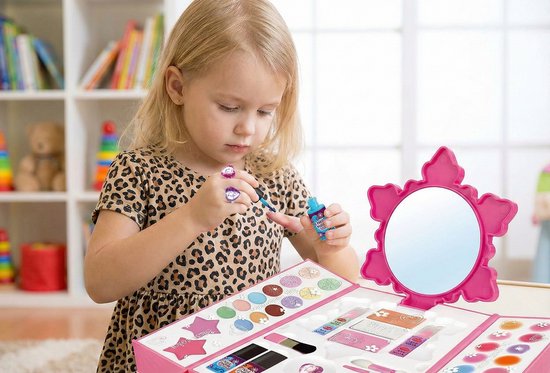 Luxe Kinder Make-up Set in Handtas met Oogschaduw & Lipgloss - 45-delige Cosmetica Koffer met Peel-Off Nagellak & Spiegel - 100% Afwasbaar & Veilige Ingrediënten - Hét Cadeau voor Verjaardag - Uitgebreid Speelgoed Cadeau voor Meisjes Vanaf 5 Jaar