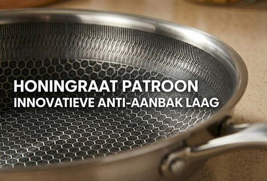 RVS Koekenpan Ø 26 cm - PFAS & PTFE vrij - RVS Honingraat Anti-Aanbakpan (Hybrid) – Krasbestendig & Slijtvast – Geschikt voor Inductie, Gas & Oven – Met RVS Handgreep – Hoge Rand (6 cm) – Roestvrij Stalen Bakpan –Vaatwasserbestendig