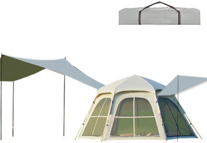Pop-up Familietent met XXL Zonnescherm - 4-Persoons Koepeltent - Opzetten in 3 Seconden - Inclusief Voorluifel voor Extra Leefruimte - Waterdichte kampeertent - pop up tent voor Kamperen - festival tent + Draagtas - Wit