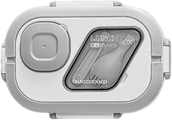 Lunchbox met sausbox ‌en bestek‌, Lekvrij Bento Box 1200ml voor Diepvries, Vaatwasser & Magnetronbestendig, met Silicone Afdichtring, Dubbele Laag met 6 Vakken Voor volwassenen en kinderen‌, ‌Wit-21*14.5*8.6cm
