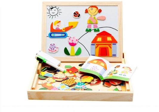 2 in 1 dubbelzijdig magnetisch speelbord – Houten Speelbox voor kinderen – Educatief speelgoed – tekenfilmfiguren