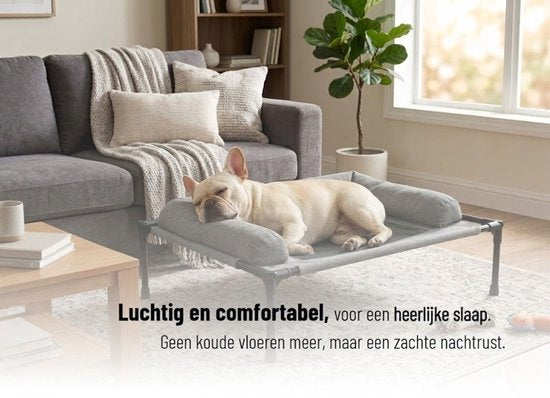 Hondenstretcher - 83x61x17 cm - Verhoogd Hondenbed met Hoofdkussen - Hondenligbed - Ademend Zomerbed - Hondenmand op Poten - Gewrichtsvriendelijk - Hondencampingbed - Tot 30 kg - Grijs