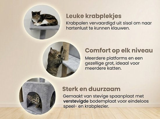 Krabpaal voor Katten - 52x38x120 cm - Krabpalen - Kattenmeubel - Krabboom - met Kattenhuis, Sisalpalen en Trapje - Stabiele Kattenboom - Meerdere Niveaus - Speeltoestel met Speelballetje - Zacht Pluche - Geschikt voor Kittens en Volwassen Katten