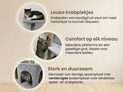 Krabpaal voor Katten - 52x38x120 cm - Krabpalen - Kattenmeubel - Krabboom - met Kattenhuis, Sisalpalen en Trapje - Stabiele Kattenboom - Meerdere Niveaus - Speeltoestel met Speelballetje - Zacht Pluche - Geschikt voor Kittens en Volwassen Katten