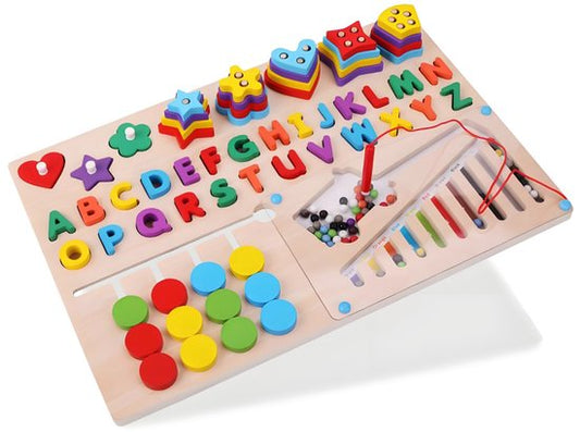 ‌6-in-1 Montessori Houten Speelgoed - Letters Leren, Vormen, Kleuren Sorteren & Magneetkralen - Stapelspeelgoed - Magneet spel - Logisch Denken Montessori Bord - Sensorisch - Sorteerspel - Activiteitenbord - Jongens - Meisjes - alfabet A-Z