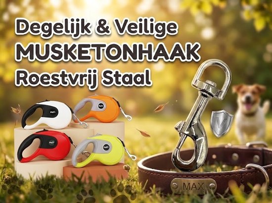 Uitschuifbare Hondenriem 5M (Tot 40KG) - Hondenlijn uittrekbaar - Automatische hondenriem - Rollijn - Anti-klit - Ergonomisch Handvat met Remsysteem - RVS Sluiting - Quick Lock Functie - wit