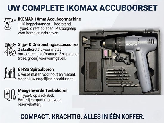 Gevulde Gereedschapskoffer - Accuboormachine Set in Koffer - Complete Gereedschapsset inclusief Handgereedschap en Borenset - 10mm - Type-C Oplaadbaar - Inclusief Schroevendraaiers, Tang en Accessoires - Zwart