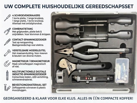 Gevulde Gereedschapskoffer - Accuboormachine Set in Koffer - Complete Gereedschapsset inclusief Handgereedschap en Borenset - 10mm - Type-C Oplaadbaar - Inclusief Schroevendraaiers, Tang en Accessoires - wit