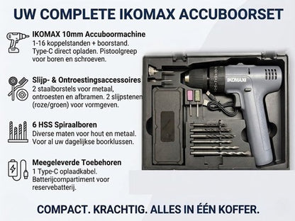 Gevulde Gereedschapskoffer - Accuboormachine Set in Koffer - Complete Gereedschapsset inclusief Handgereedschap en Borenset - 10mm - Type-C Oplaadbaar - Inclusief Schroevendraaiers, Tang en Accessoires - wit
