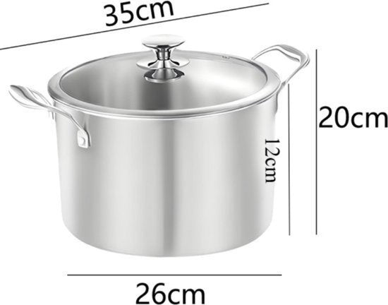 RVS Soeppan met Glazen Deksel - Ø 26 cm - 4.5 Liter - Geschikt voor Inductie & Gas - Hoge Kookpan - Zilver - PFAS-vrij - Grote Roestvrij Stalen Bouillonpan & Stamppotpan - Vaatwasserbestendig