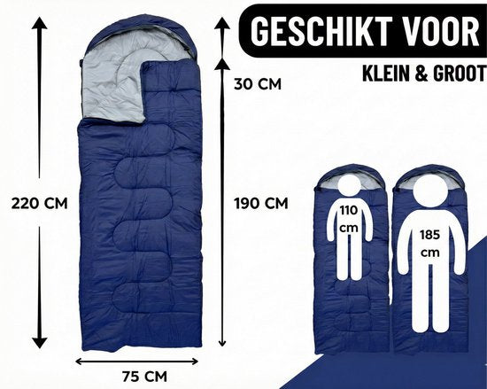 Lichtgewicht Slaapzak 1.5kg voor Volwassenen - Compacte Envelop Slaapzak met Capuchon - 220x75 cm - Waterafstotend 380T Nylon - 4 Seizoenen - Machine Wasbaar - Ideaal voor Kamperen, Logeren & Wandelen - 2×Wegs Rits Inclusief Compressiezak - Blauw