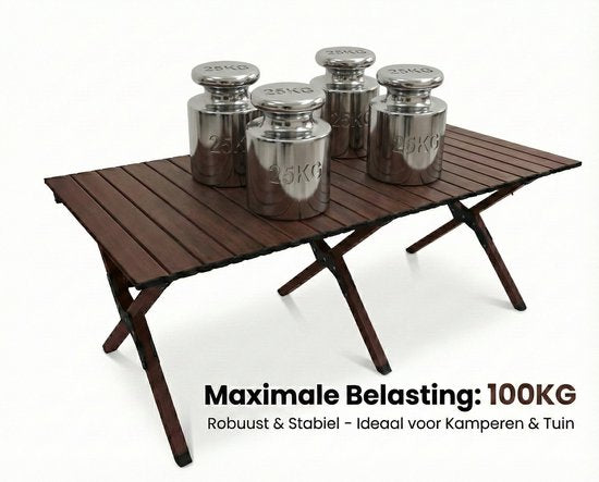 Aluminium Campingtafel 120 cm - Lichtgewicht Roltafel met Houtlook - Opvouwbaar & Compact voor 4-6 Personen - Belastbaar tot 100KG - Opvouwbare tafel Inclusief Draagtas voor Picknick & Tuin - 120x60x45cm - Bruin