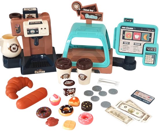 Speelset voor kinderen, 41pcs +, Koffiezetapparaat, Leren en Serveren Koffiemachine, Winkeltje Speelgeld met Licht & Geluid - Educatief Rollenspel - Interactief speelgoed - Keuken & Restaurant Verjaardag Cadeau voor Jongens & Meisjes 3 Jaar