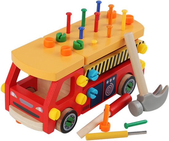Montessori Gereedschapswagen truck – Demonteerbare Werkbank Auto – Houten Constructiespeelgoed met PVC Hamer, Spijkers en Schroeven, Educatief Speelgoed voor Fijne Motoriek, Gereedschapsauto & Vrachtwagen (3+ Jaar, Handgeschaafd + Veilige Verf)