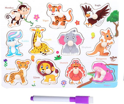 Educatieve Houten Knoppenpuzzel - Dieren - 2-in-1 Vormenpuzzel & Whiteboard inclusief Stift - Montessori Speelgoed voor Peuters - Blokpuzzel kind - Educatief Spel voor 3 4 5 6 7 Jaar - Ontwikkeling Fijne Motoriek
