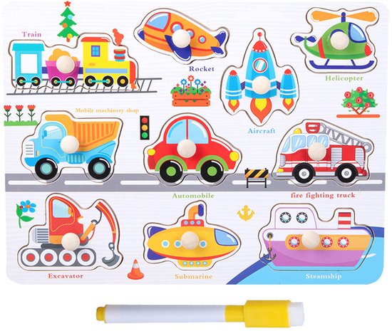 Educatieve Houten Knoppenpuzzel - Voertuigen - 2-in-1 Vormenpuzzel & Whiteboard inclusief Stift - Montessori Speelgoed voor Peuters - Blokpuzzel kind - Educatief Spel voor 3 4 5 6 7 Jaar - Ontwikkeling Fijne Motoriek