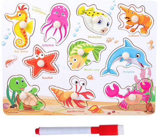Educatieve Houten Knoppenpuzzel - Zeedieren - 2-in-1 Vormenpuzzel & Whiteboard inclusief Stift - Montessori Speelgoed voor Peuters - Blokpuzzel kind - Educatief Spel voor 3 4 5 6 7 Jaar - Ontwikkeling Fijne Motoriek
