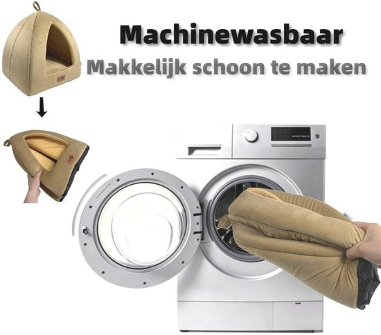 Kattenmand - 2-in-1 Kattenbed - Kattenhuis - Poezenmand - Dierenmand - 48*45*45cm - Opvouwbare Huisdier Tent - Open Sofa - Zacht Pluche Slaapplek - Uitneembaar Binnenkussen - Wasbaar & Anti-slip - Geschikt voor kleine honden en alle katten - Khaki