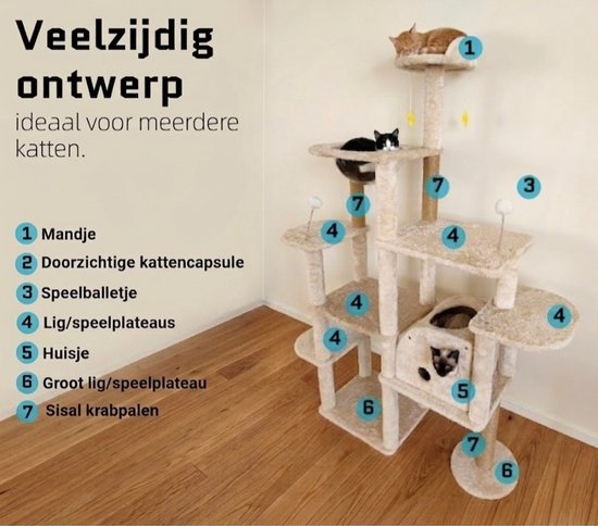 Grote Krabpaal met Ruimtecapsule en Kattenhuis - Krabpalen - Kattenmeubel - 7-Laagse Kattenboom - Natuurlijk Sisal - Extra Stabiel - Milieuvriendelijk Hout - Speelparadijs voor Binnenkatten - Beige