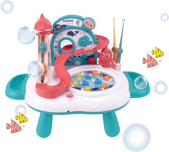 Interactieve 3-in-1 Speeltafel & Visspel - Elektrisch Speelgoed met Glijbaan, Muziek & 2 Hengels - Magnetisch Vissen Spel voor Binnen - Fishing Set Speelgoed - Speelset met Visspel - Cadeau voor Kinderen 3 Jaar, Groen
