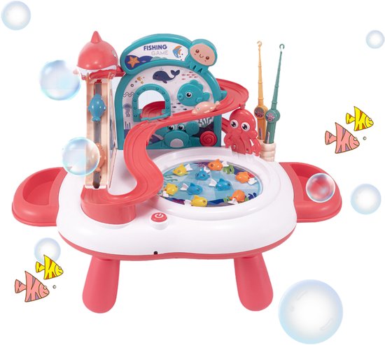 Interactieve 3-in-1 Speeltafel & Visspel - Elektrisch Speelgoed met Glijbaan, Muziek & 2 Hengels - Magnetisch Vissen Spel voor Binnen - Fishing Set Speelgoed - Speelset met Visspel - Cadeau voor Kinderen 3 Jaar, Rood