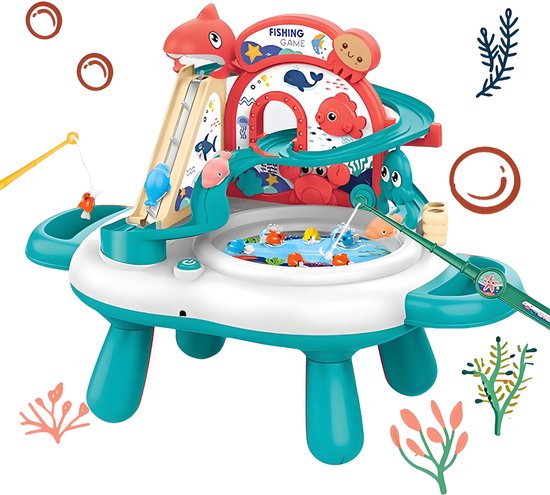 Interactieve 3-in-1 Speeltafel & Visspel - Elektrisch Speelgoed met Glijbaan, Muziek & 2 Hengels - Magnetisch Vissen Spel voor Binnen - Fishing Set Speelgoed - Speelset met Visspel - Cadeau voor Kinderen 3 Jaar, Groen